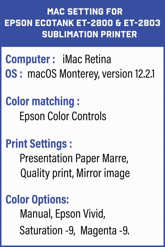 MAC Print Settings for Epson 2803 & 2800