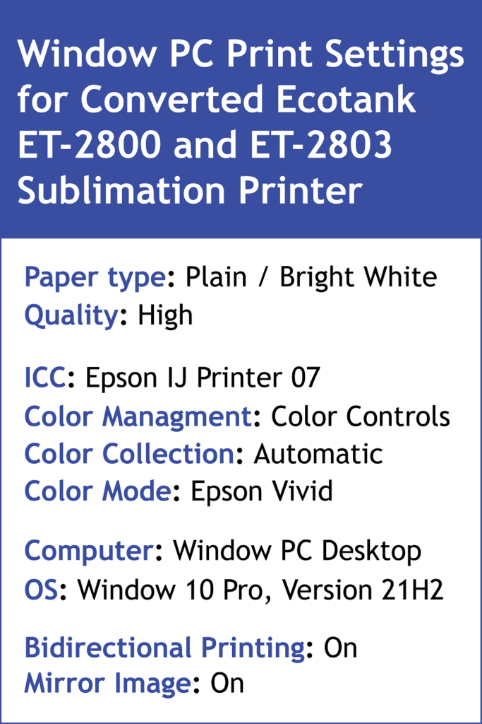 Window PC Print Settings for Epson 2800 & 2803